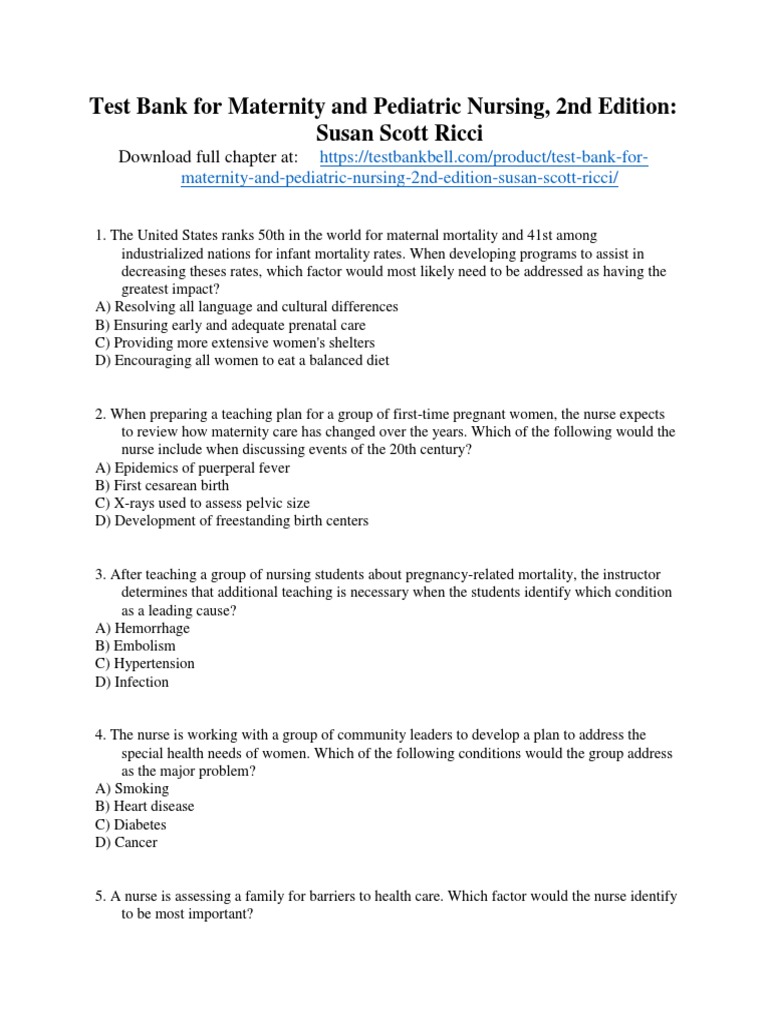 Test Bank For Maternity and Pediatric Nursing 2nd Edition Susan Scott