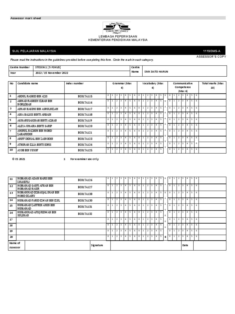 Assessor Mark Sheet PDF
