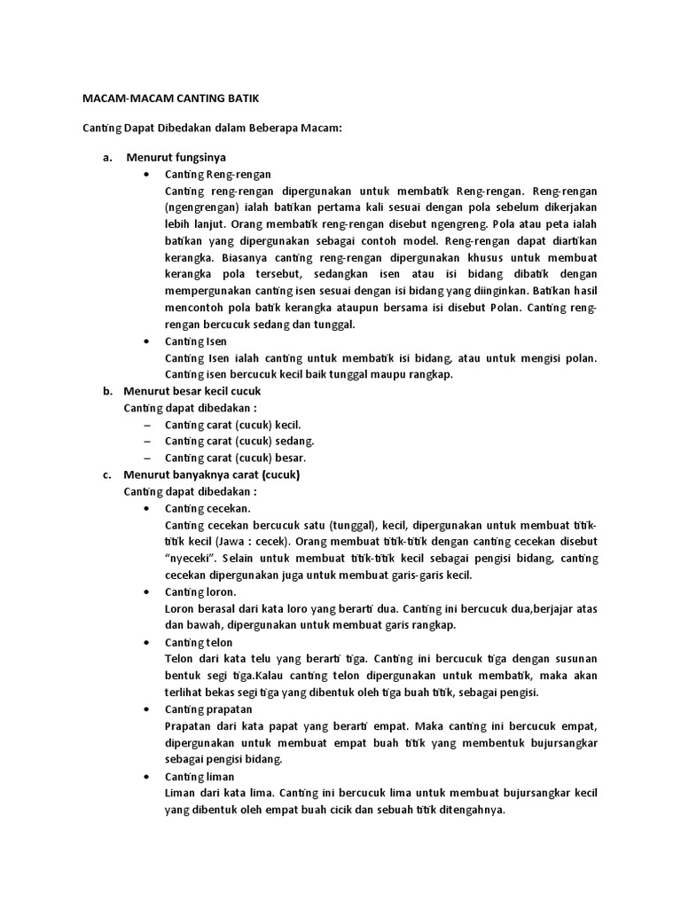 MACAM Macam Canting Batik | PDF | Seni & Disiplin Bahasa | Griya & Taman