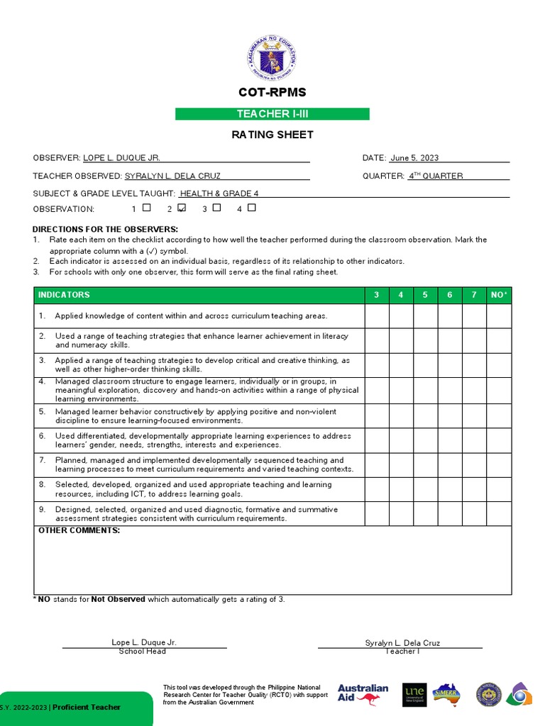 Appendix C 02 COT RPMS Rating Sheet For T I III For SY 2022 2023 | PDF ...
