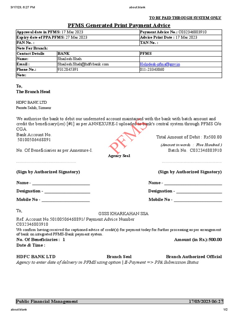 Pfms generated print payment advice to the branch head pdf