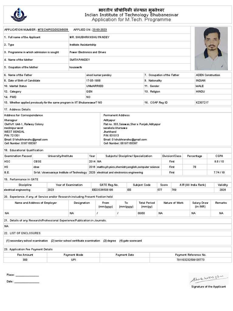 M.Tech. Application - IIT Bhubaneswar | PDF