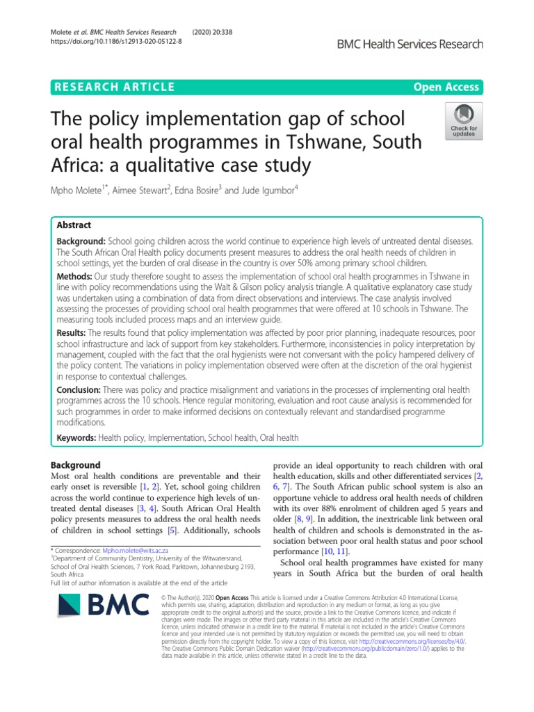 The policy implementation gap of school oral health programmes in