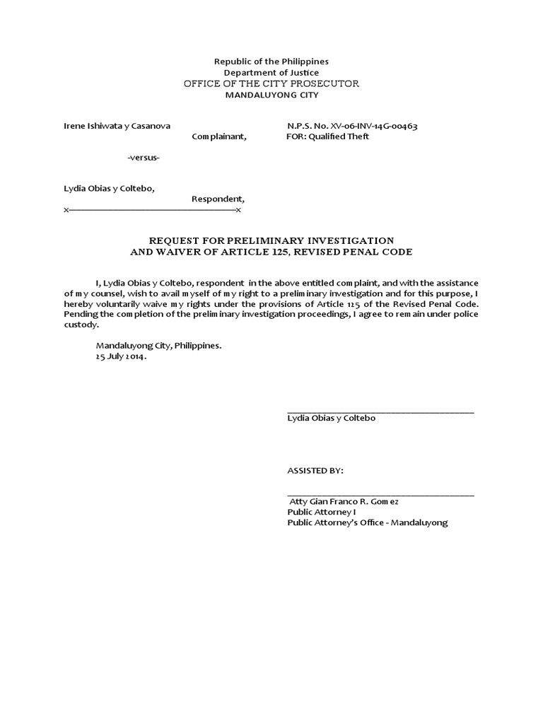 Request for Preliminary Investigation in Theft | PDF | Law