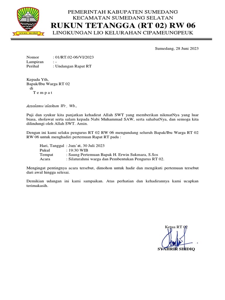 Contoh Surat Undangan Rapat RT Pemilihan Pengurus RT | PDF