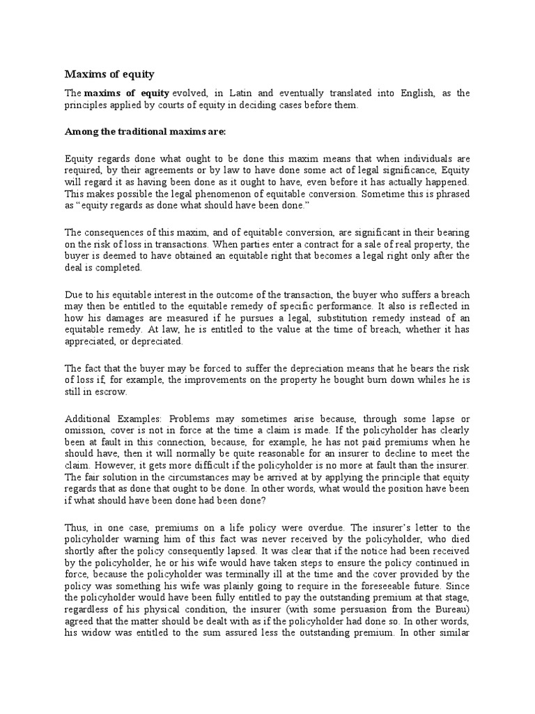 Maxims of Equity PDF Laches (Equity) Legal Concepts
