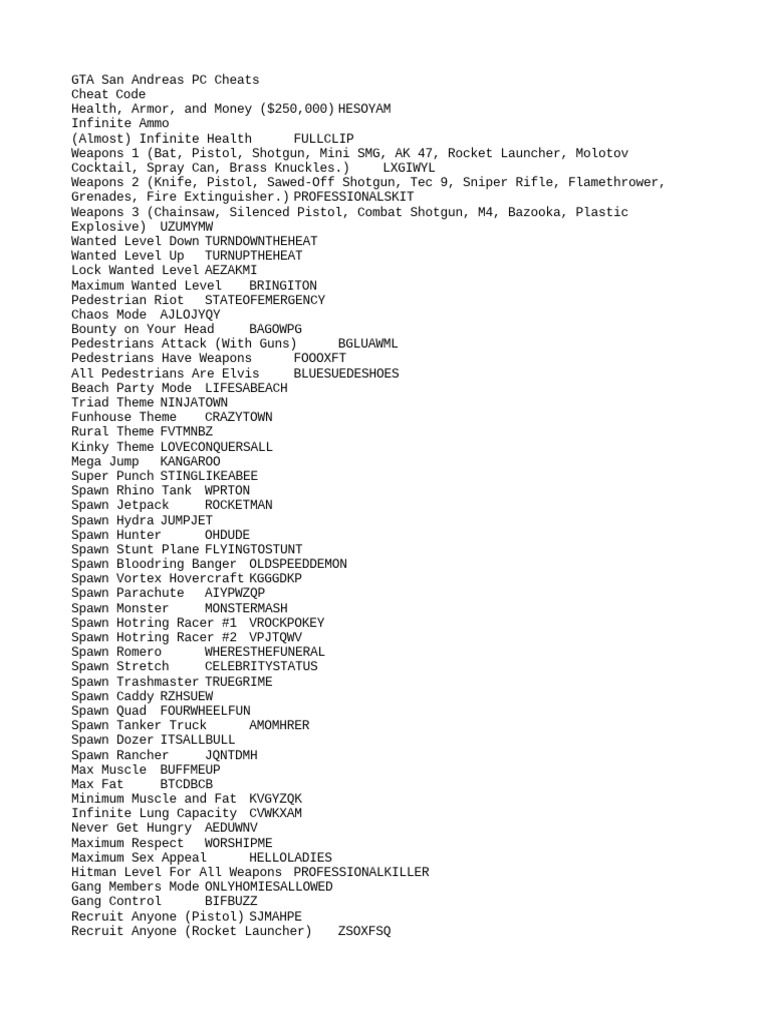 GTA San Andreas PC Cheats | Descargar gratis PDF | Ballistics ...