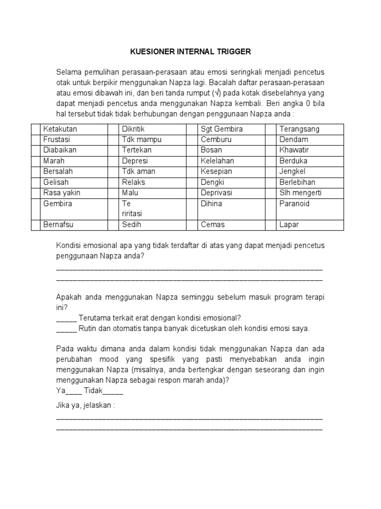 KUESIONER INTERNAL TRIGGER (CBT) | PDF