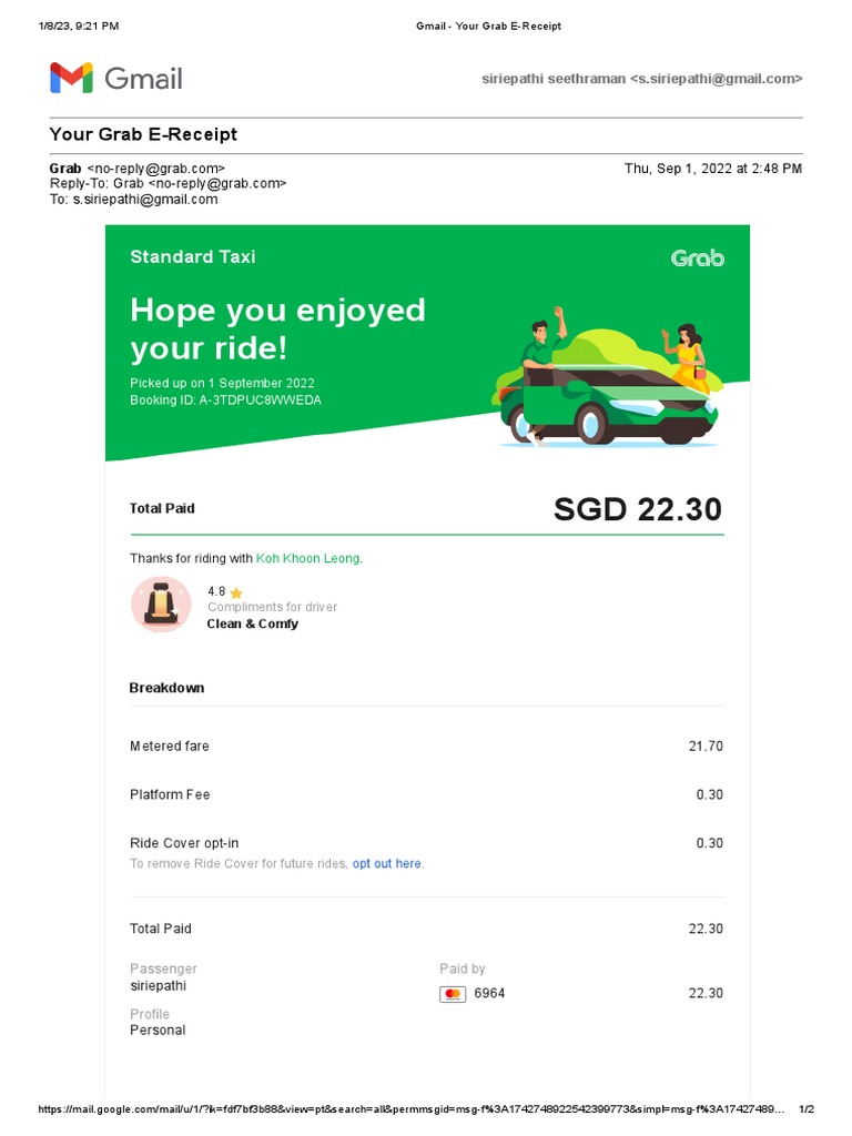 Grab E-Receipt Sep 1 | PDF | Public Transport | Transport