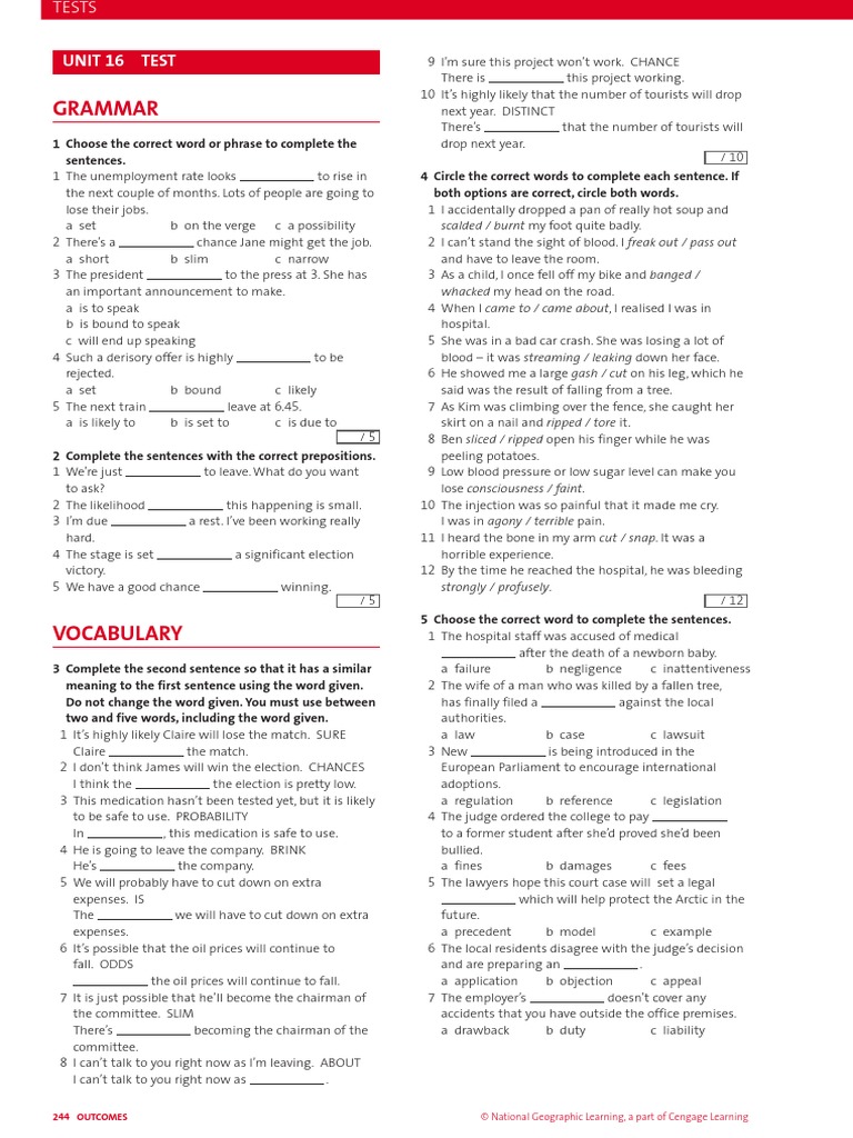 Outcomes Advanced TB Unit 16 Test PDF | PDF