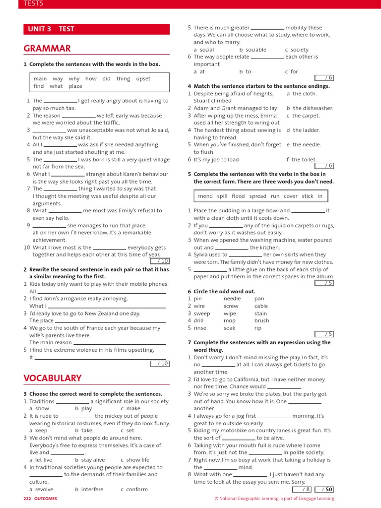 Outcomes Advanced TB Unit 3 Test PDF | PDF | Language Arts & Discipline