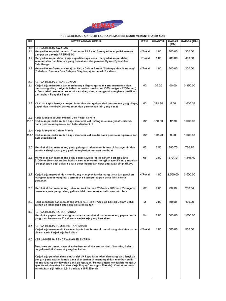 Contoh BQ Kerja Baikpulih Tabika Kemas | PDF