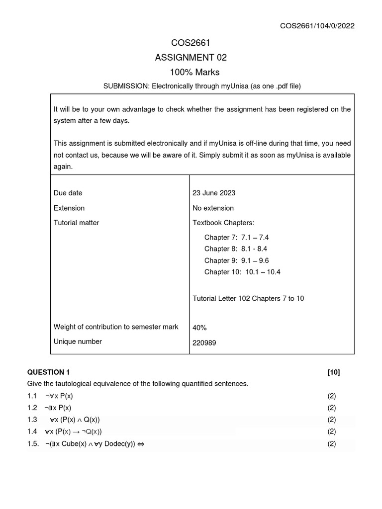 Cos2661 assignment 2 2023 pdf logical expressions logic