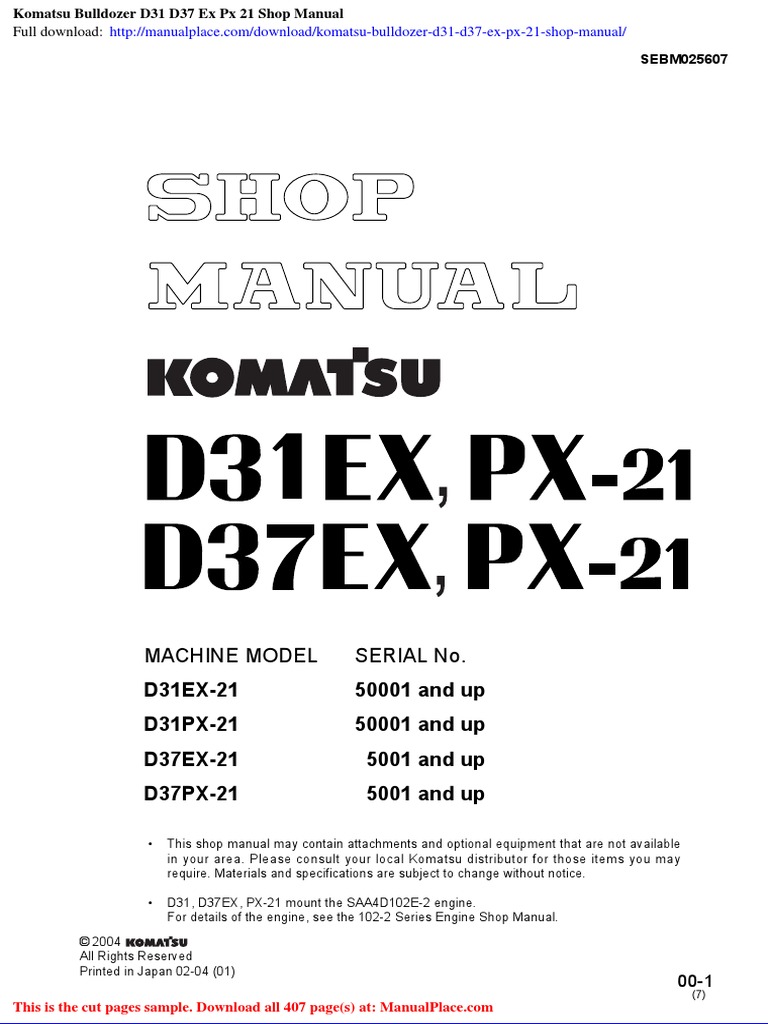 Komatsu Bulldozer d31 d37 Ex PX 21 Shop Manual PDF Pipe (Fluid