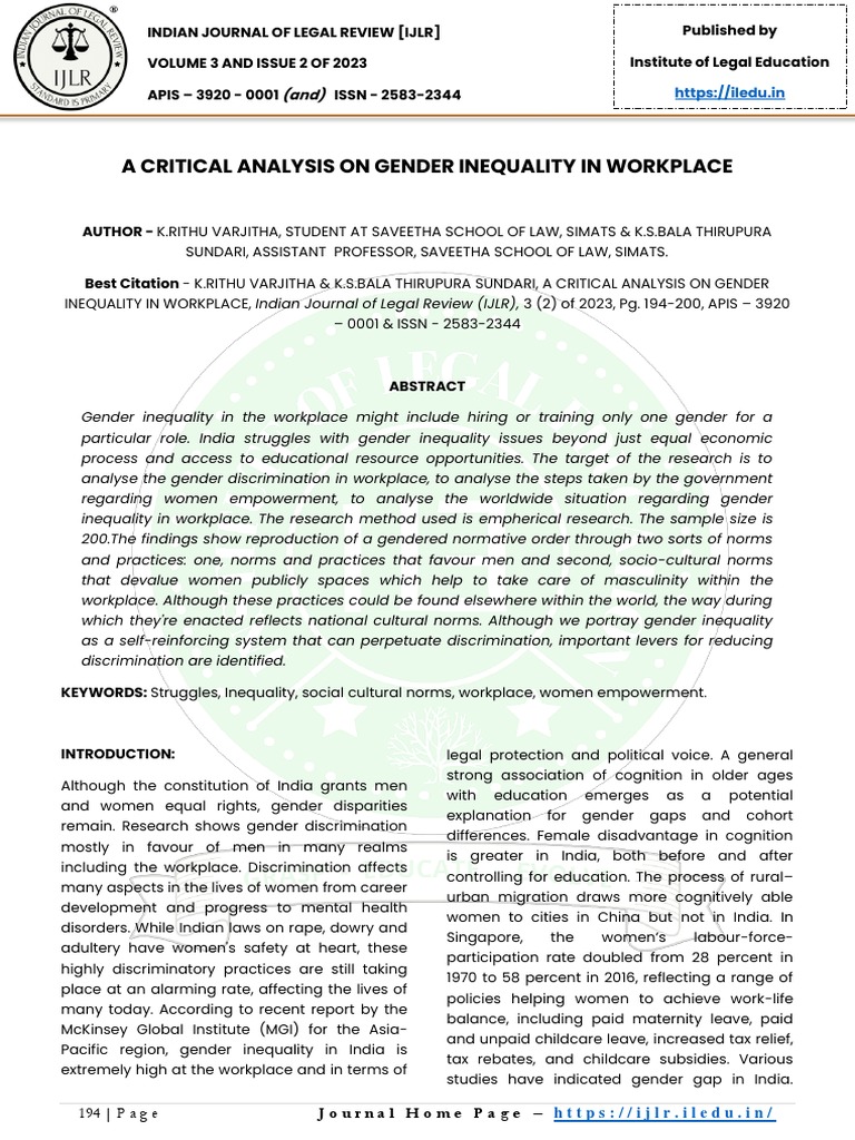 A Critical Analysis On Gender Inequality in Workplace | Download Free ...