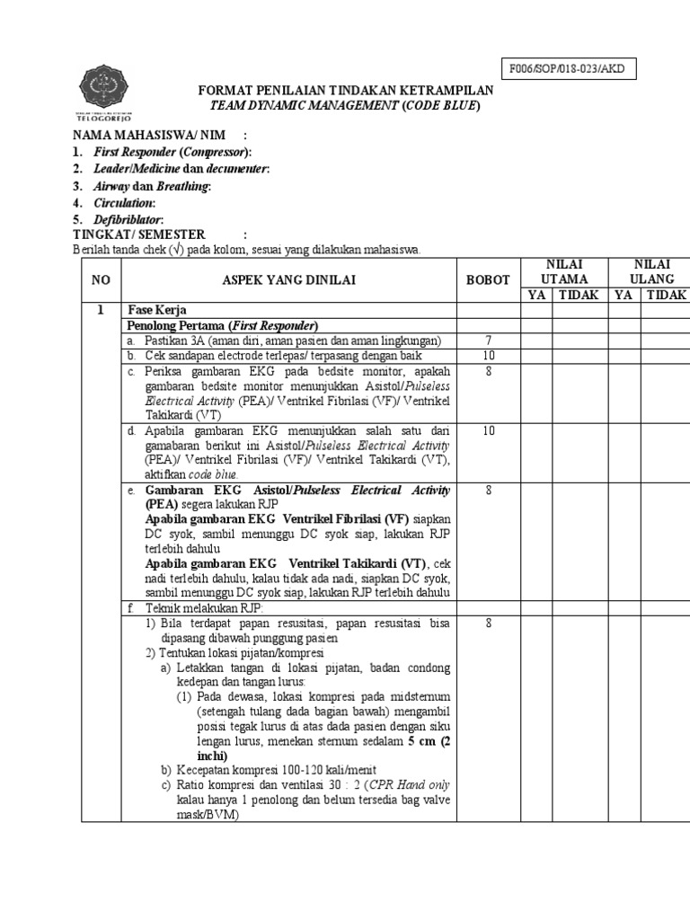 FORMAT PENILAIAN TEAM DYNAMIC MANAGEMENT (CODE BLUE) | PDF