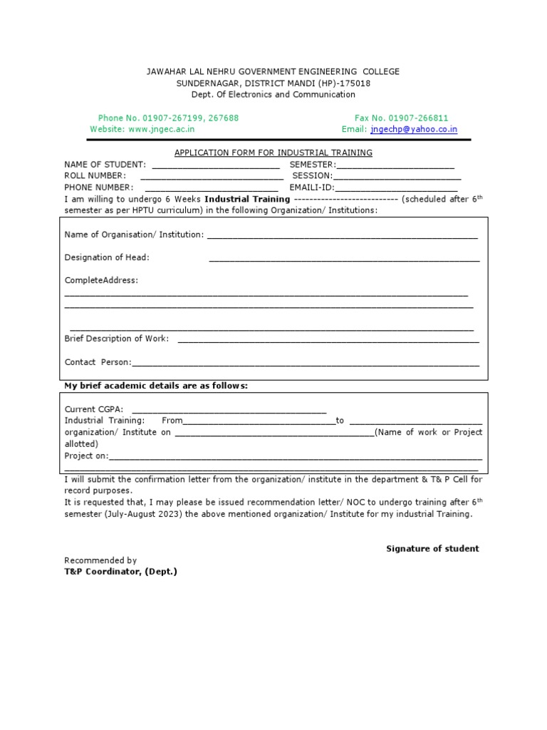 Industrial Training Application Form | PDF