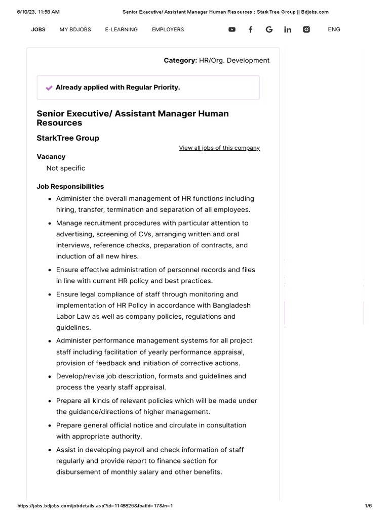 Senior Executive - Assistant Manager Human Resources - StarkTree Group ...