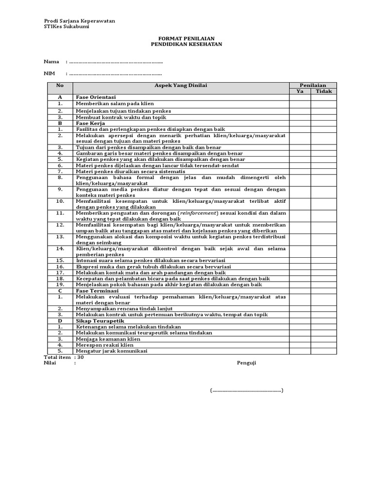 Format Penilaian Ujian Praktik Penkes Pdf