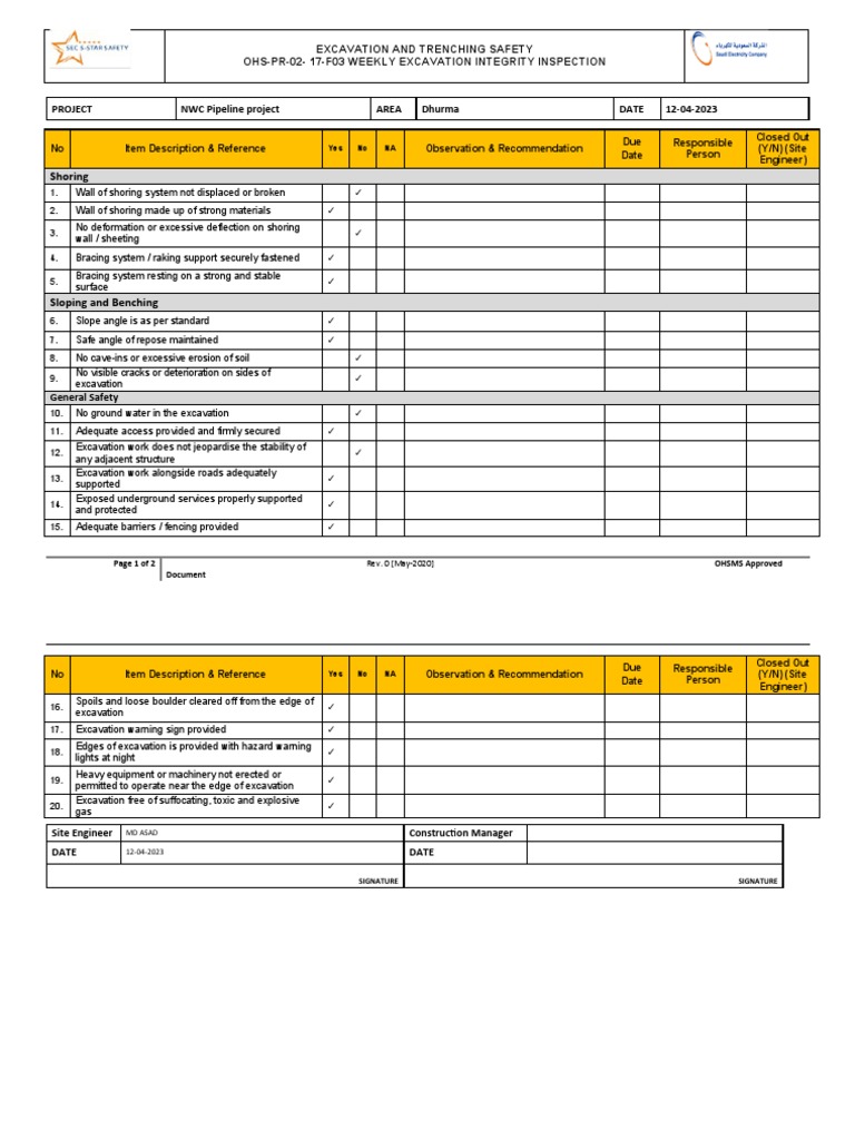 17-F03 WEEKLY EXCAVATION INTEGRITY Inspection Report | PDF | Civil ...