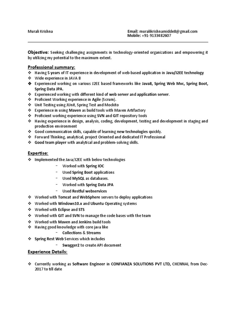 Java 5 plus resume pdf spring framework software testing