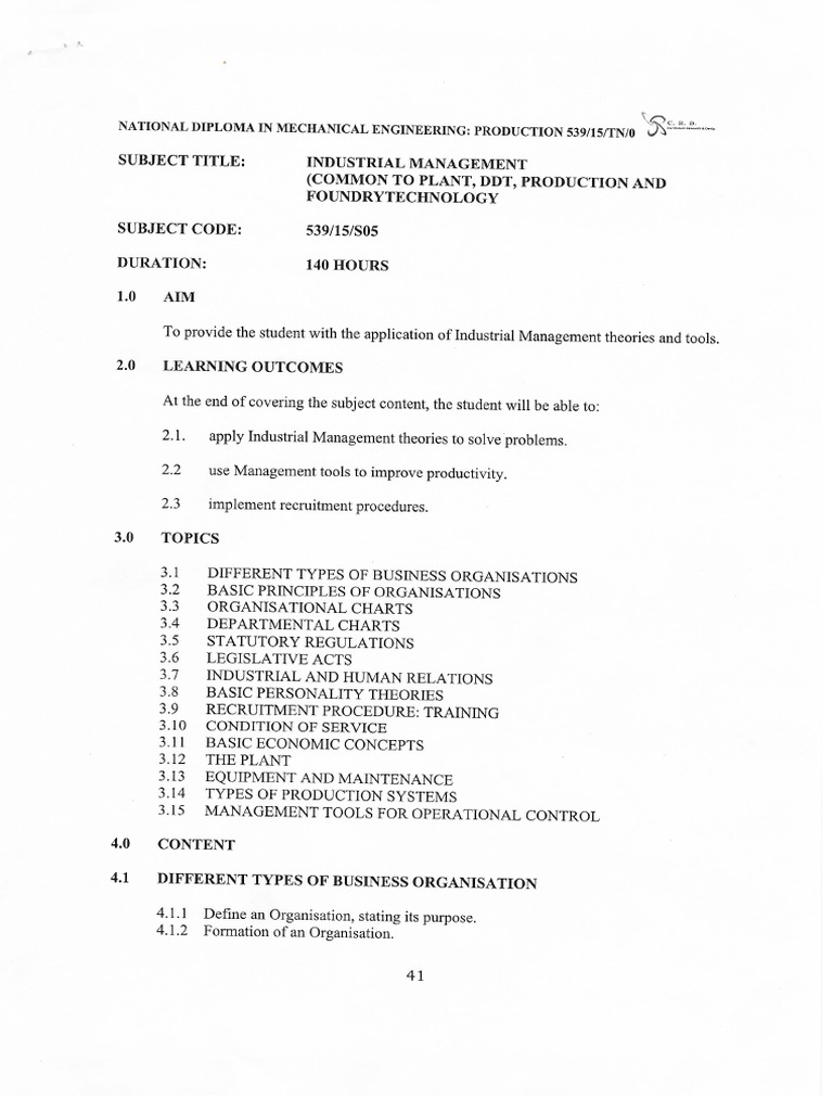 Industrial Management Syllabus PDF