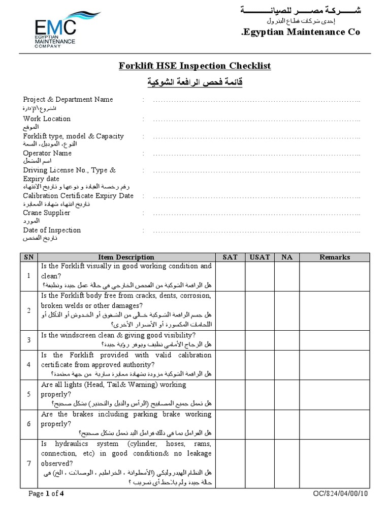 10 Forklift HSE Inspection Checklist PDF