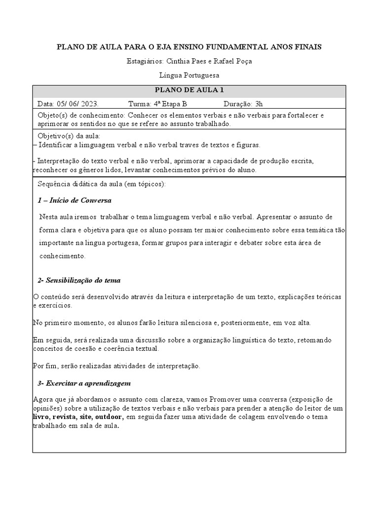 PLANO DE AULA Sobre Linguagem Verbal e Não Verbal | PDF