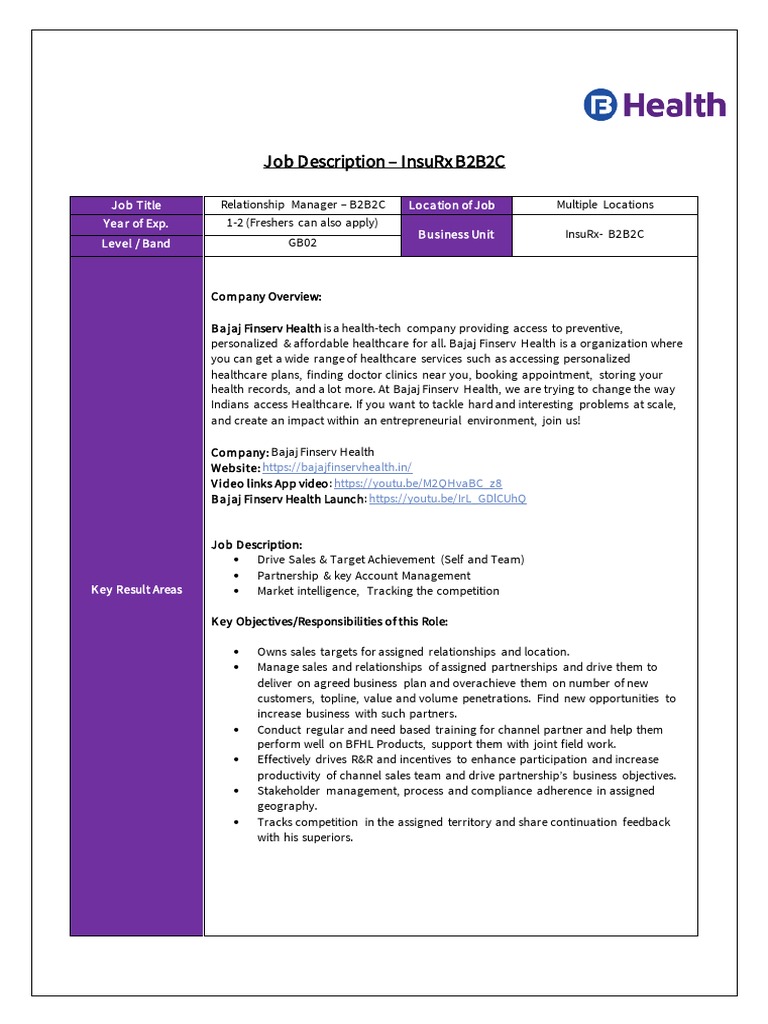 Job description relationship manager insurx b2b2c multiple locations