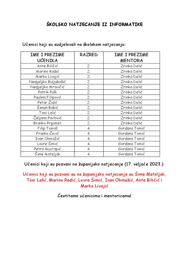 Skolsko Natjecanje Iz Informatike | PDF