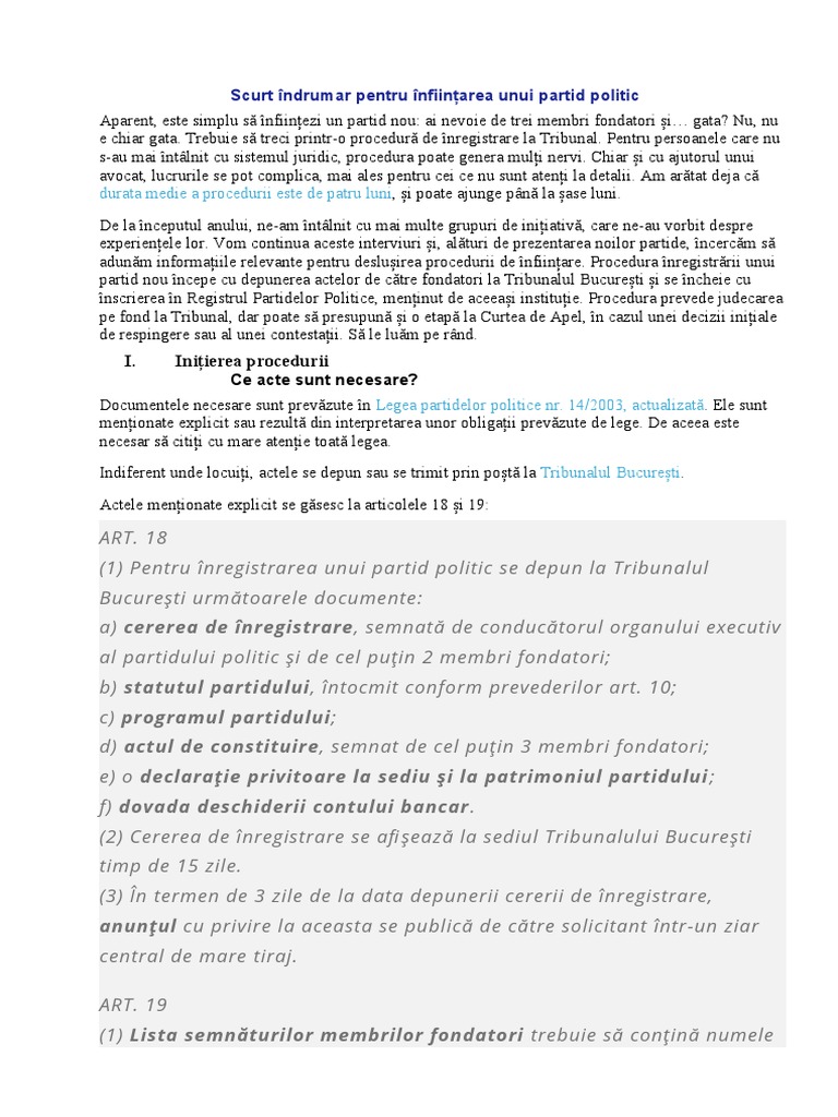 Scurt Îndrumar Pentru Înființarea Unui Partid Politic | PDF
