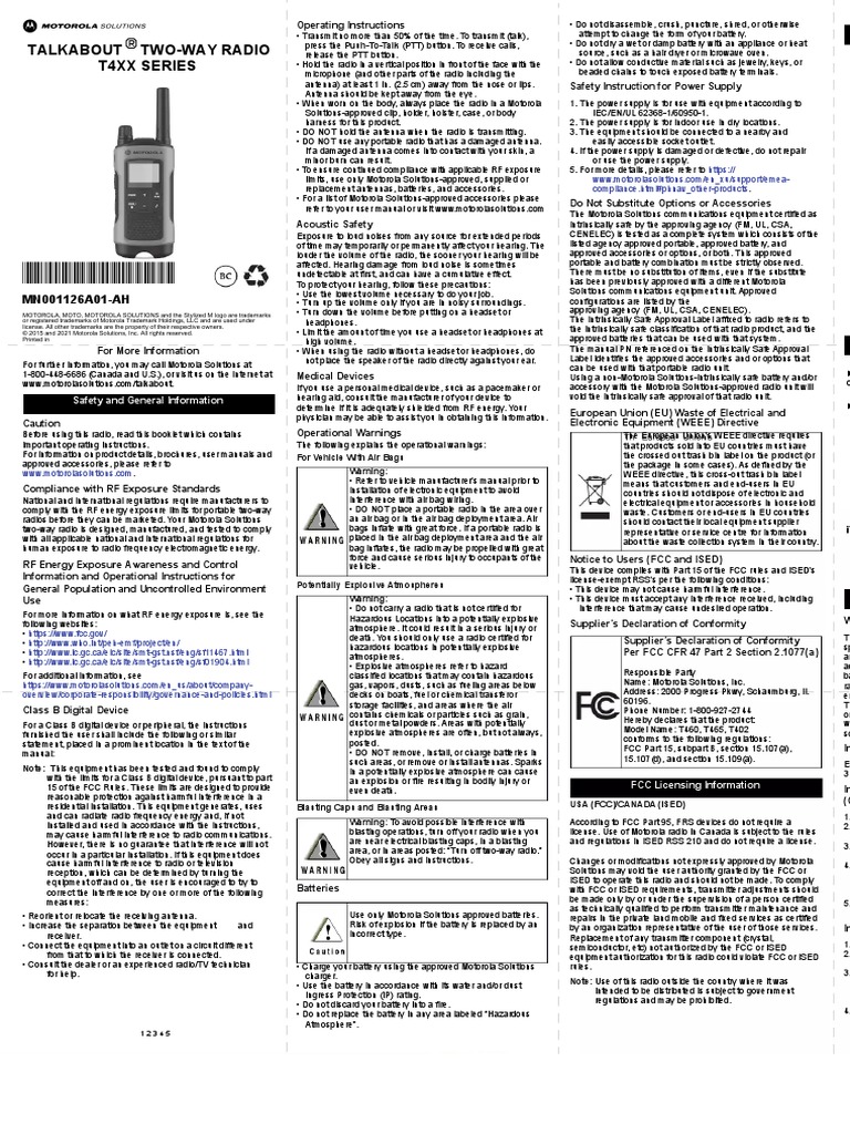 Manual de Instruções Motorola Talkabout T470 (2 Páginas) PDF