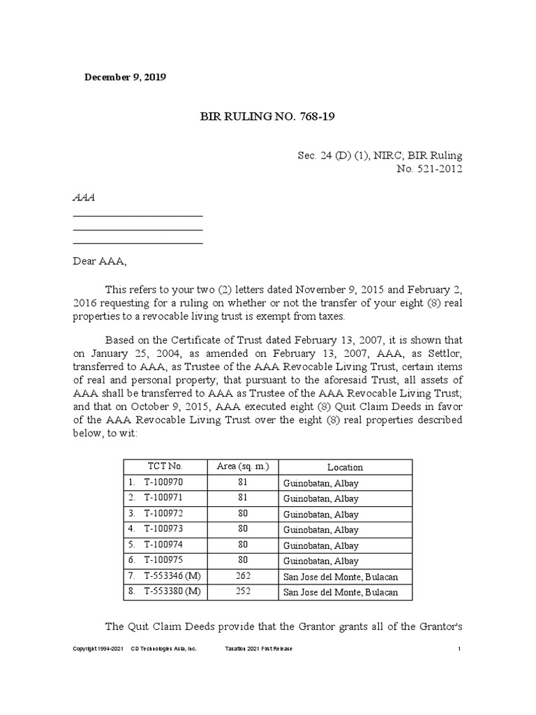 Bir ruling transfer to a trust pdf trust law taxes