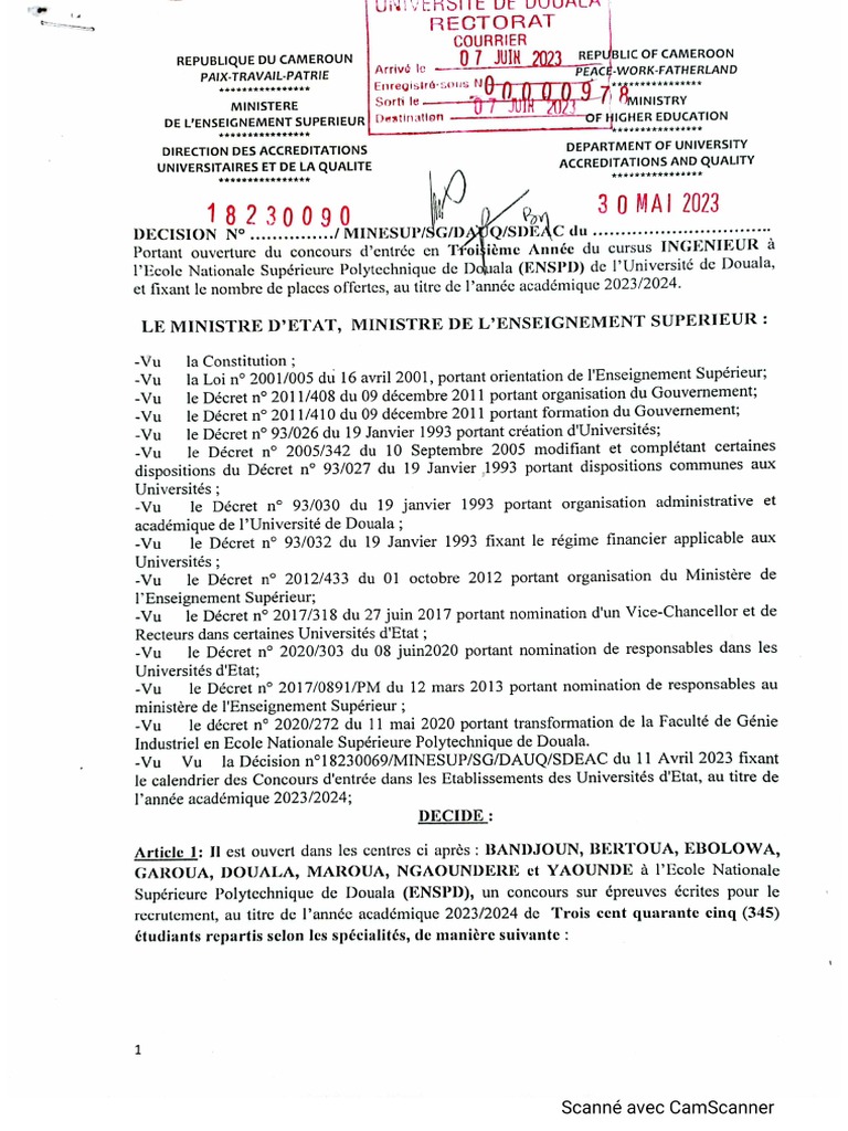 D cision Portant Ouverture Du Concours D entr e En Troisi me Ann e Du 