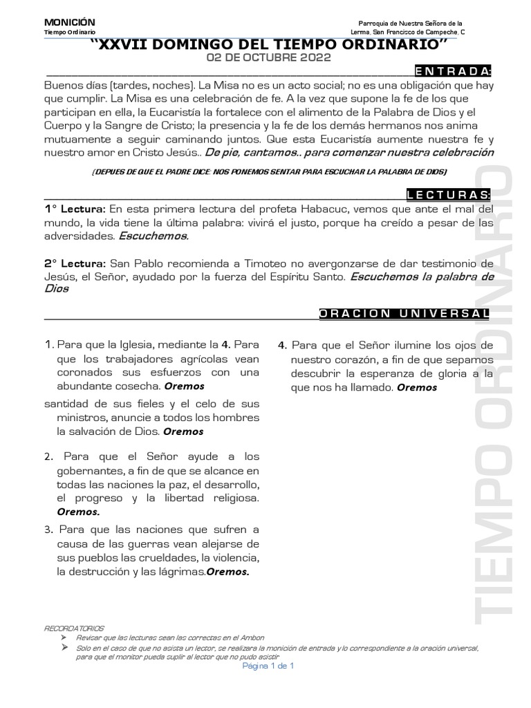Moniciones Diarias 2025: Tiempo Ordinario | PDF | Misa (liturgia ...