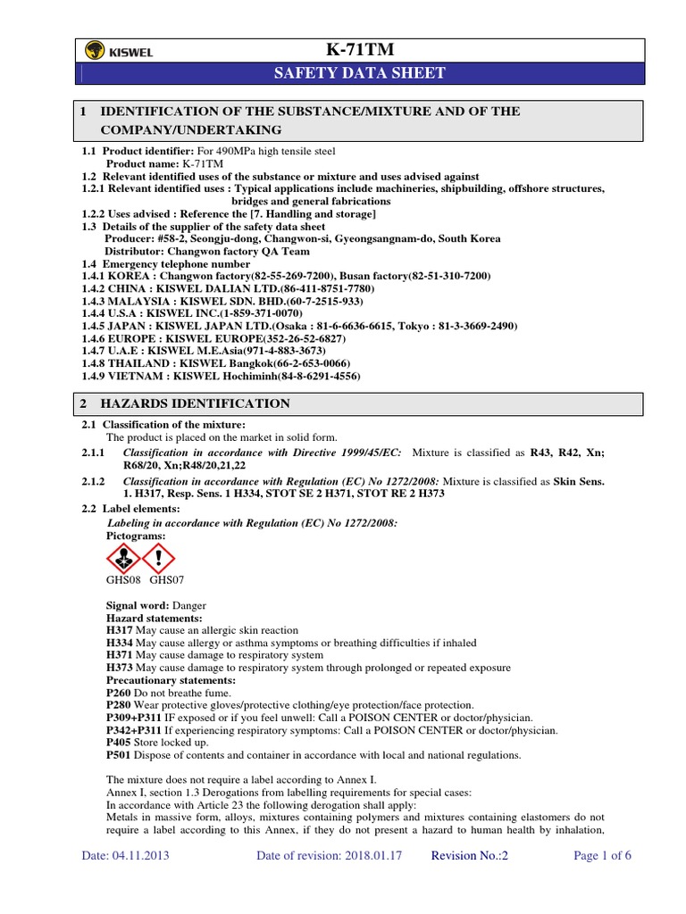 Safety Data Sheet 1 Identification of The Substance/Mixture and of The