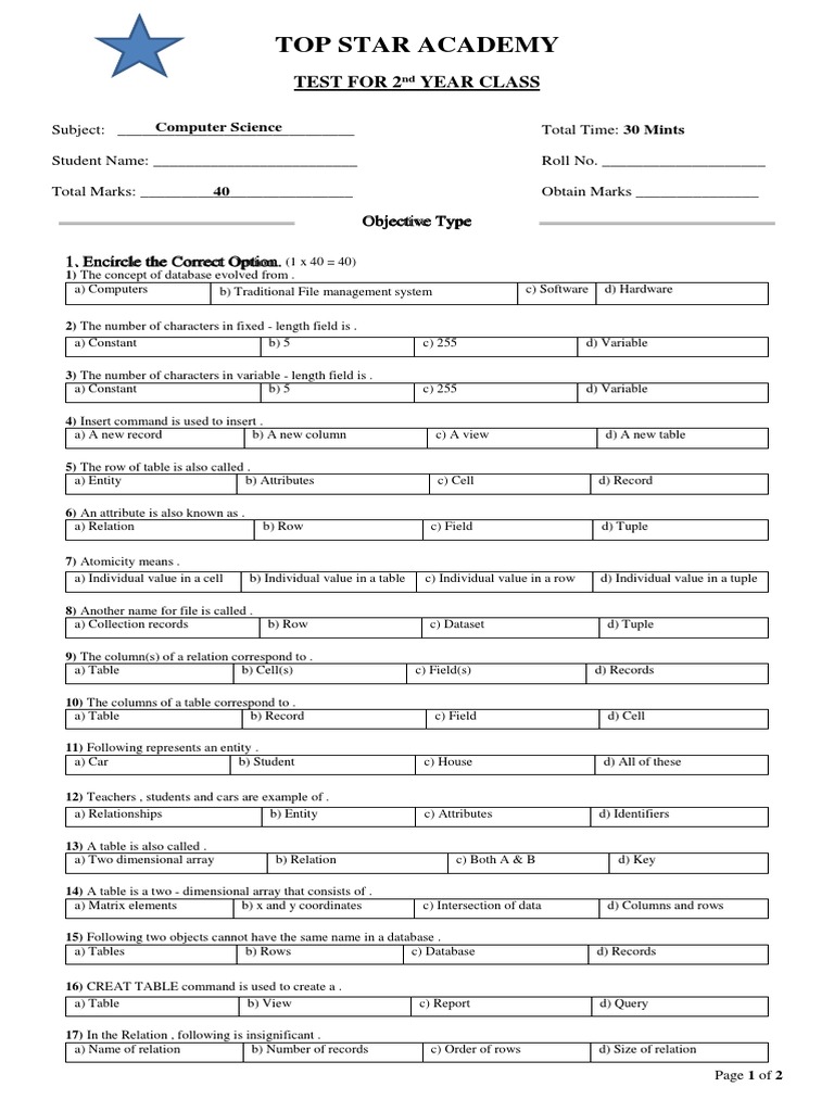 2nd Year Test 2nd Chapter Pdf Table Database Databases