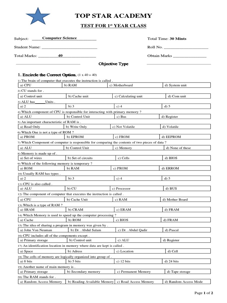 1st Year Computer Science Test | PDF | Random Access Memory | Computer ...