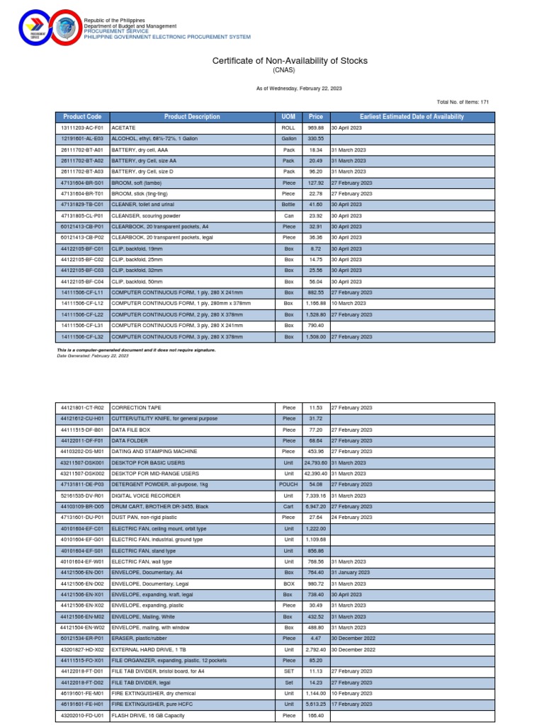Certificate of NonAvailability of Stocks PDF Office Work Office