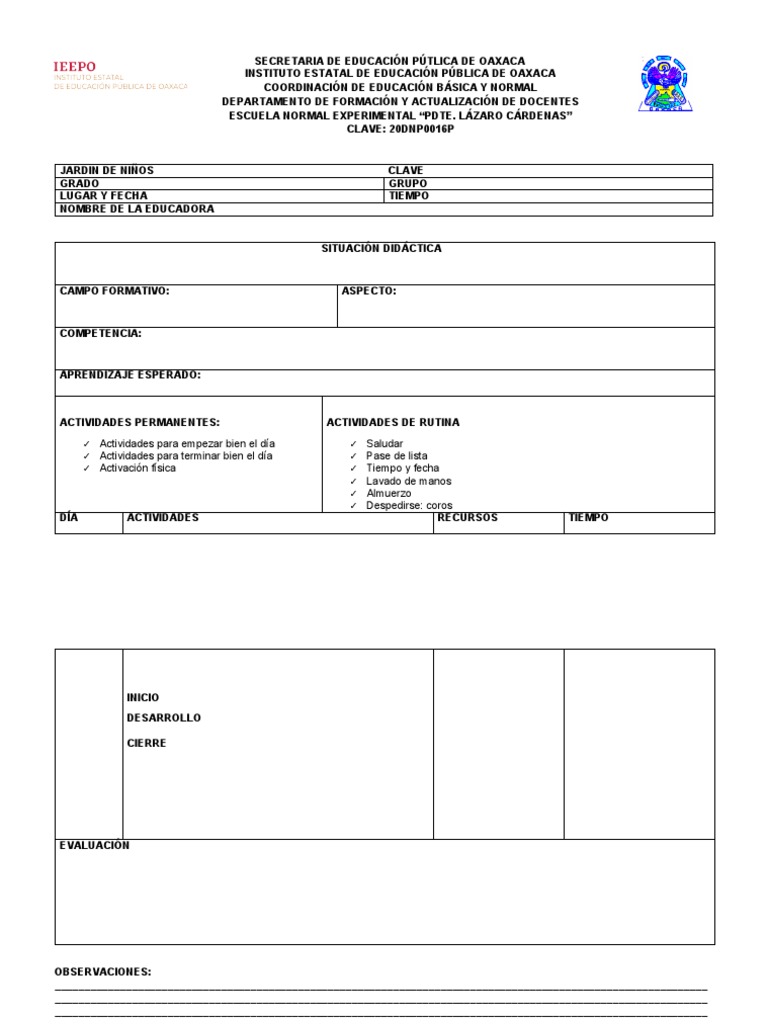 Formato de Planeación para Trabajar en El Jardin de Niños | PDF