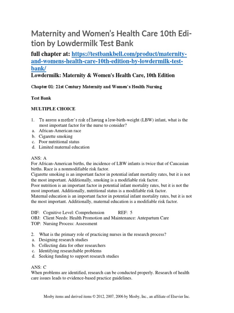 Maternity and Womens Health Care 10th Edition by Lowdermilk Test Bank