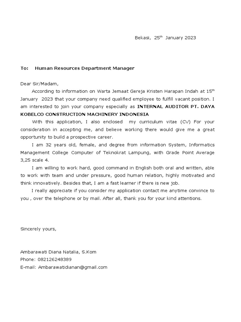 Surat Lamaran Kerja Pt. Daya Kobelco Construction Machinery Indonesia