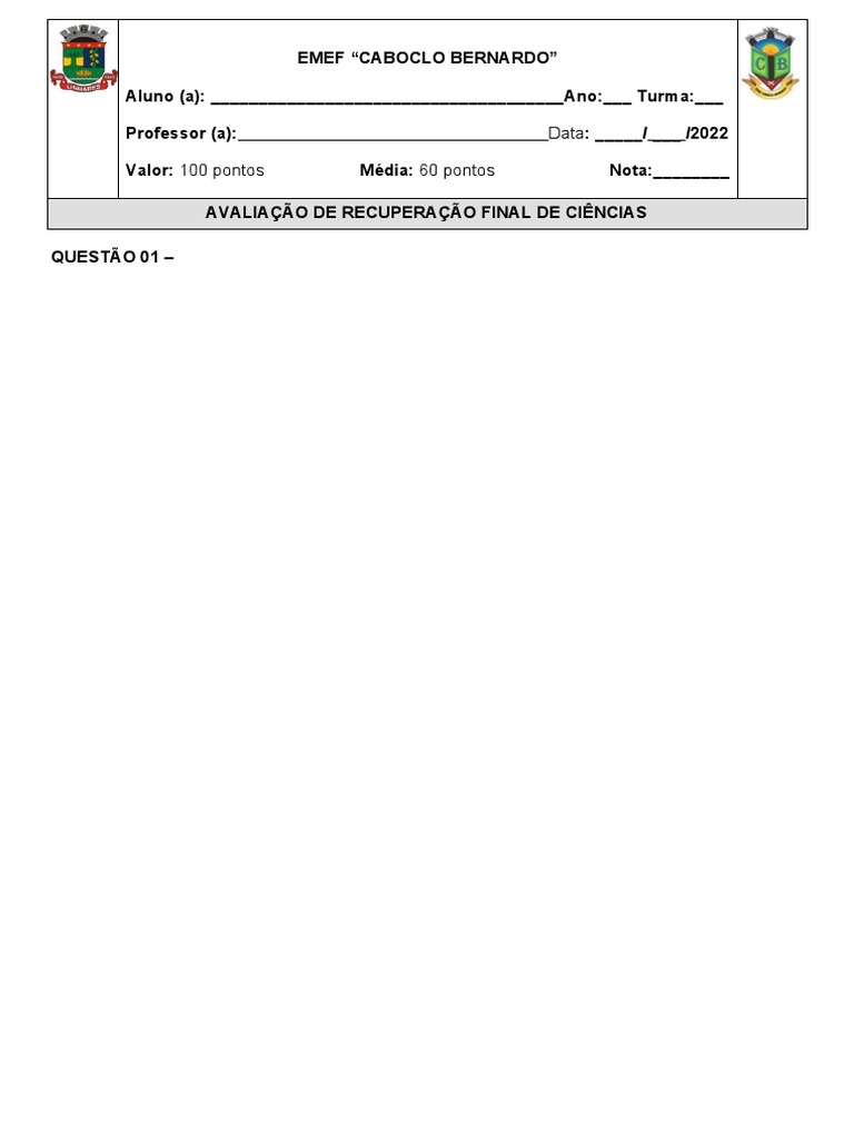 Cabeçalho para Avaliação Escolar | PDF