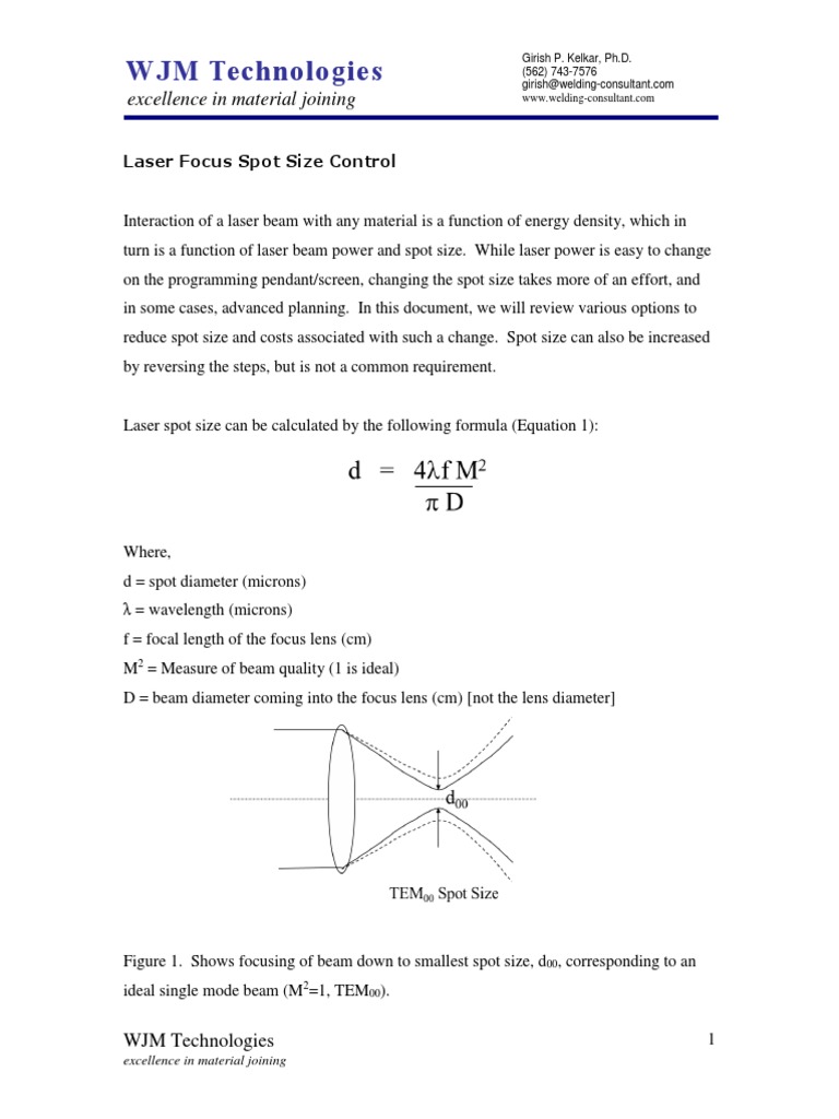 Laser Focus Spot Size Control PDF Laser Optics