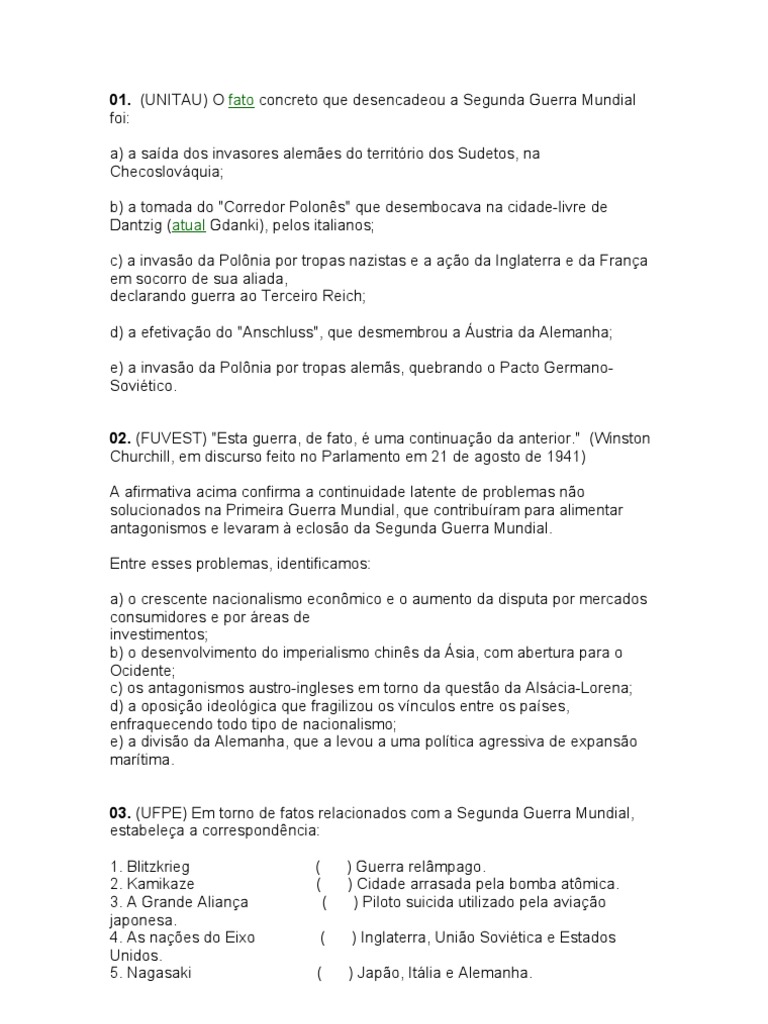 Questões sobre a Segunda Guerra Mundial | PDF | Segunda Guerra Mundial ...