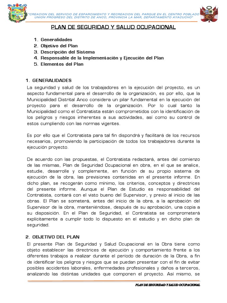 Plan de Seguridad y Salud Ocupacional | PDF | Seguridad y salud ...