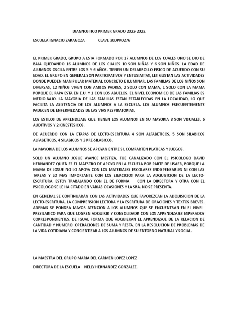 Diagnostico Primer Grado Grupo A PDF