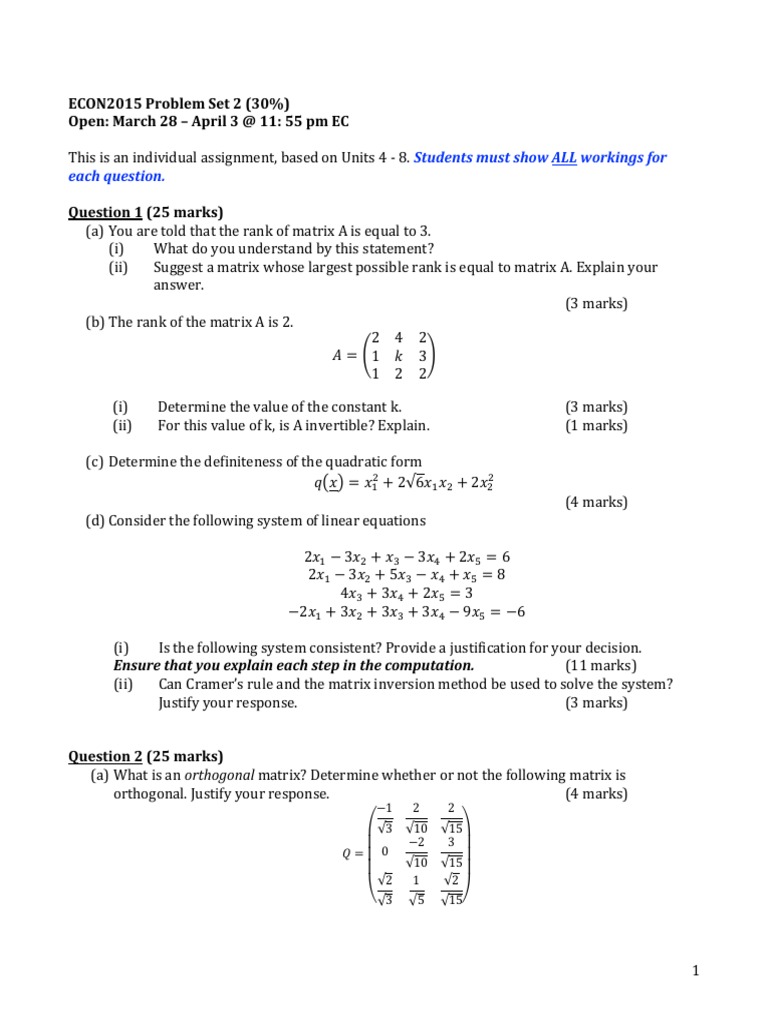 ECON2015 Problem Set 2 Overview | PDF | Matrix (Mathematics ...