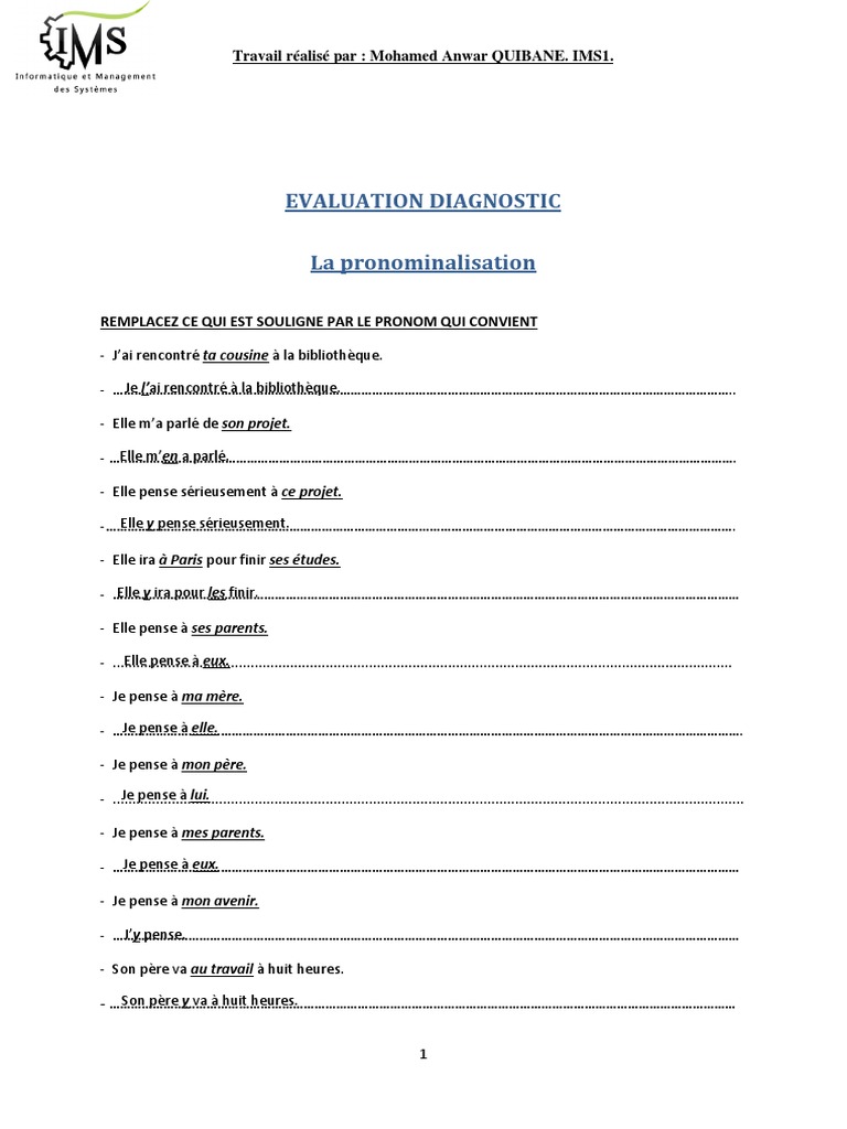 Pronominalisation : Exercices et Solutions | PDF | Nombre grammatical