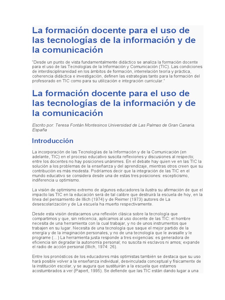 La Formación Docente para El Uso de Las Tecnologías de La Información y ...